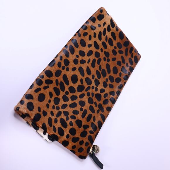 CLARE V. Foldover Calf Hair Clutch Leopard Print Linen Lined Gold Top Zip - Picture 3 of 9